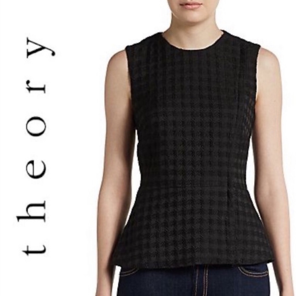 Theory Kuvana Asymmetrical Zip Front Sleeveless Houndstooth Peplum Top. Size L